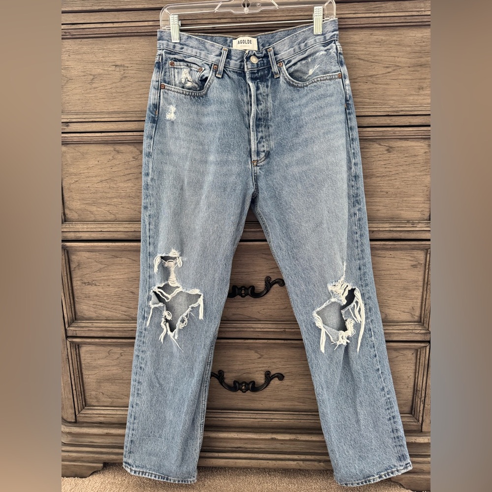 AGOLDE 90s Mid Rise Loose Jeans EUC Wander Distressed Button Fly 27 High Rise